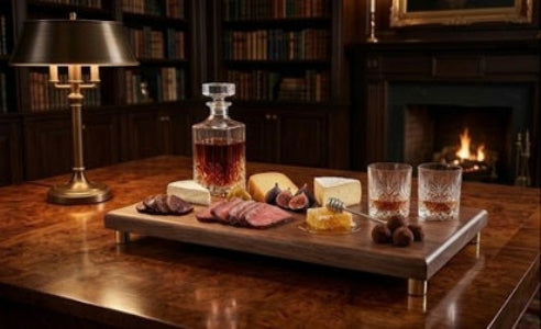 Styled with cheeses/charcuterie → Sovereign walnut serving board styled with artisan cheeses and charcuterie in a luxury kitchen setting
