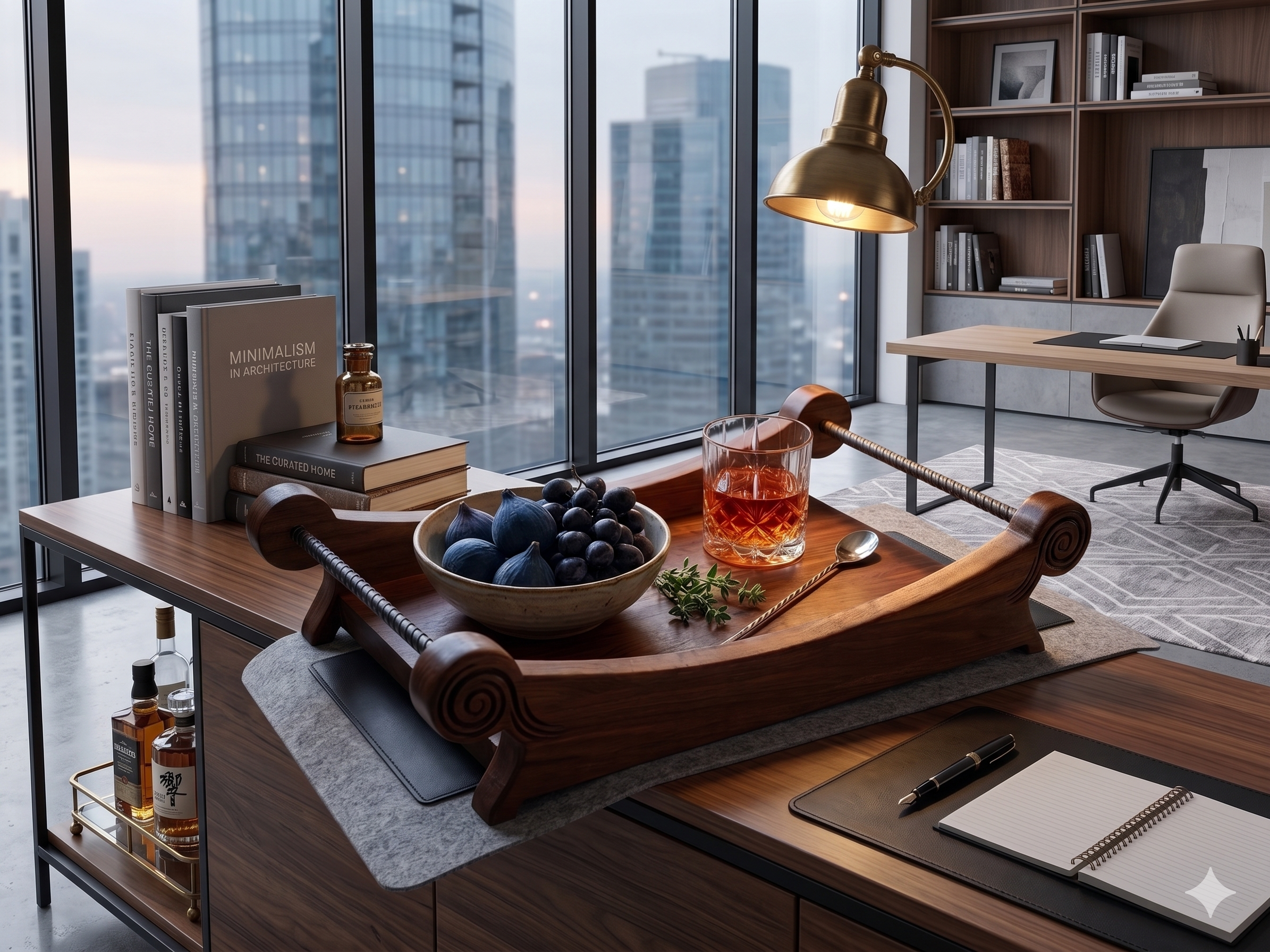 Modern office desk with wooden tray, fruit, and drinks against a cityscape background
