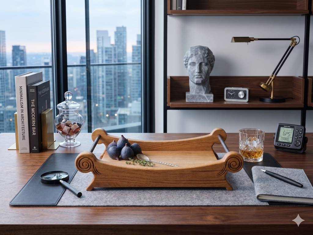 The Ember oak centerpiece tray angled shot on neutral luxury surface