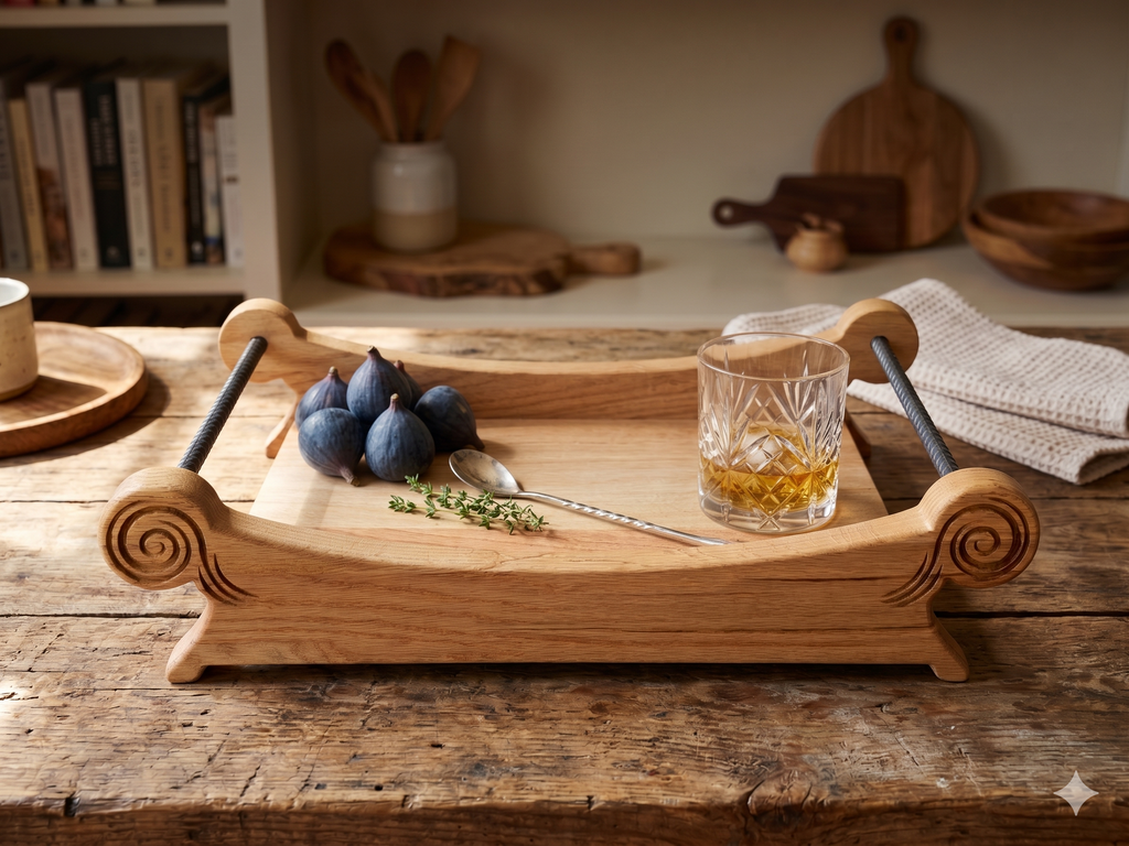 The Ember oak centerpiece tray angled shot on neutral luxury surface
