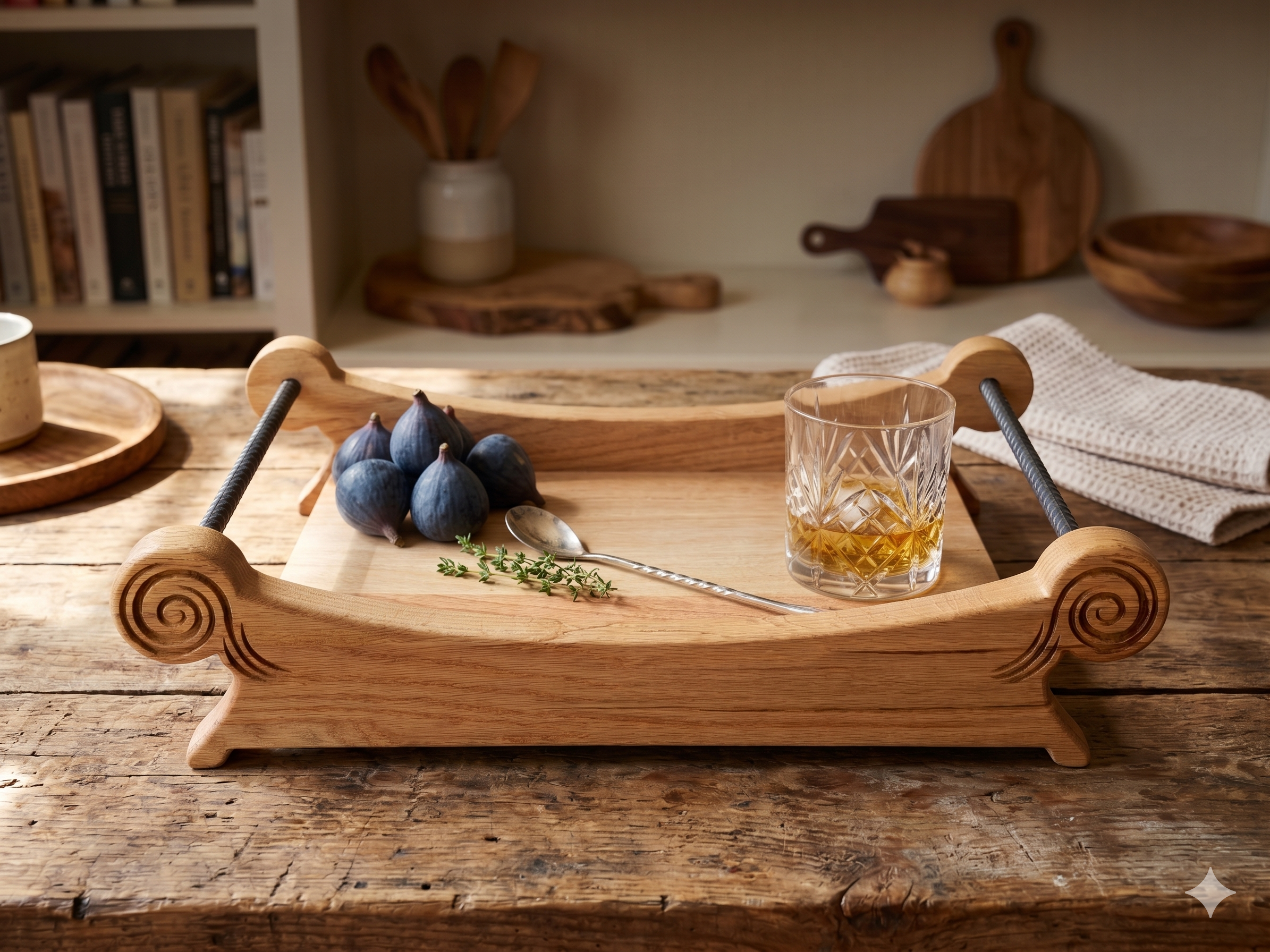 The Ember oak centerpiece tray angled shot on neutral luxury surface
