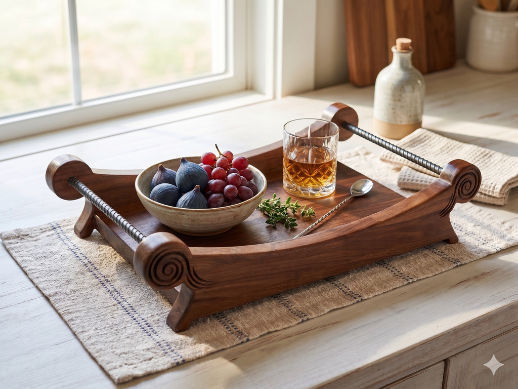 Angled product shot, neutral background → The Nocturne walnut centerpiece tray angled product shot on neutral luxury surface
