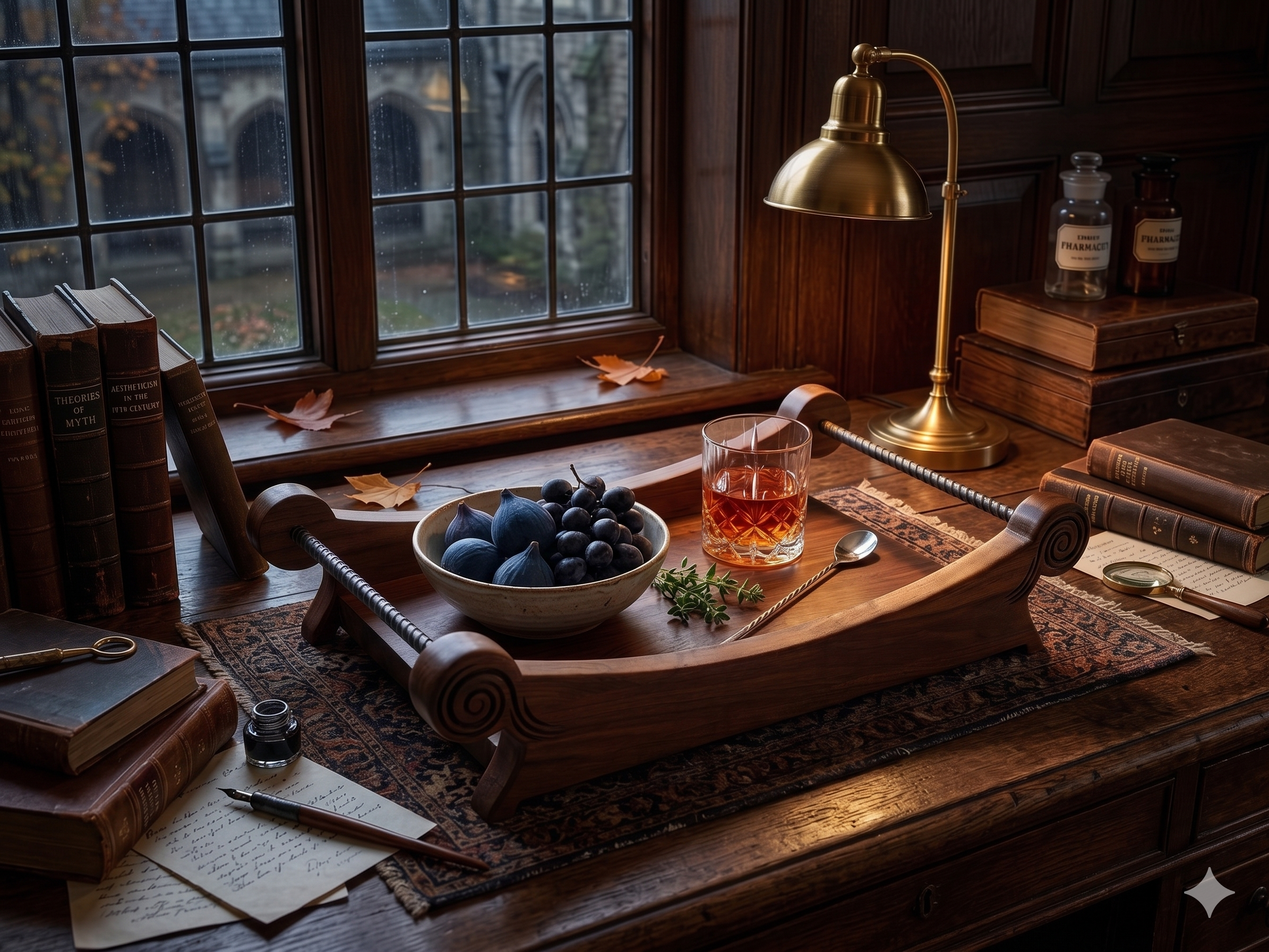 The Nocturne solid walnut centerpiece tray displayed on a dark desk in a moody, luxury interior setting
