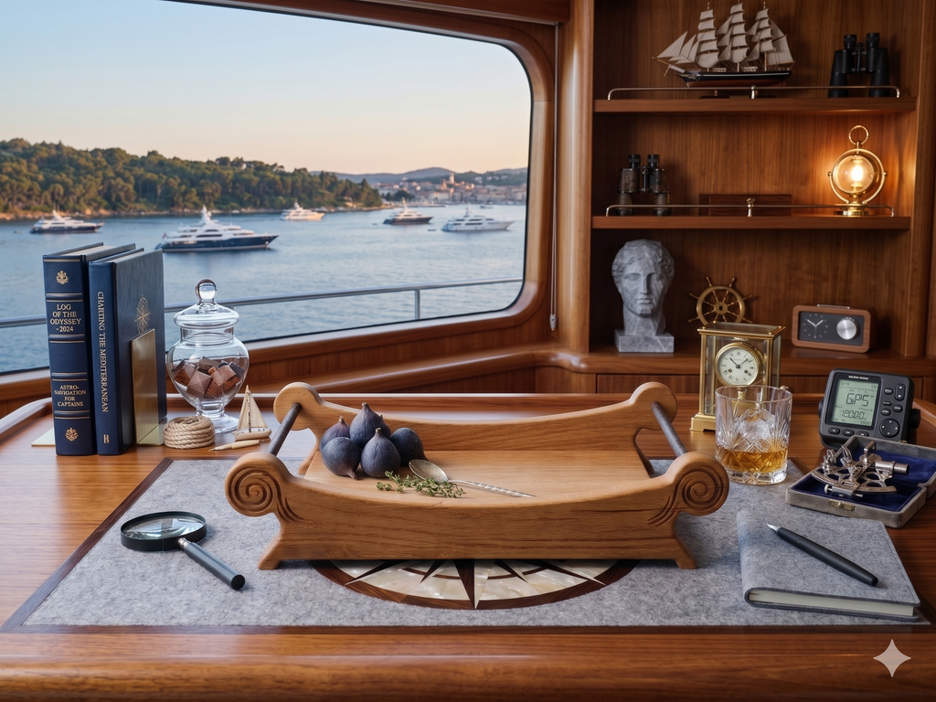 The Ember oak centerpiece tray angled shot on neutral luxury surface in a nautical-themed room.