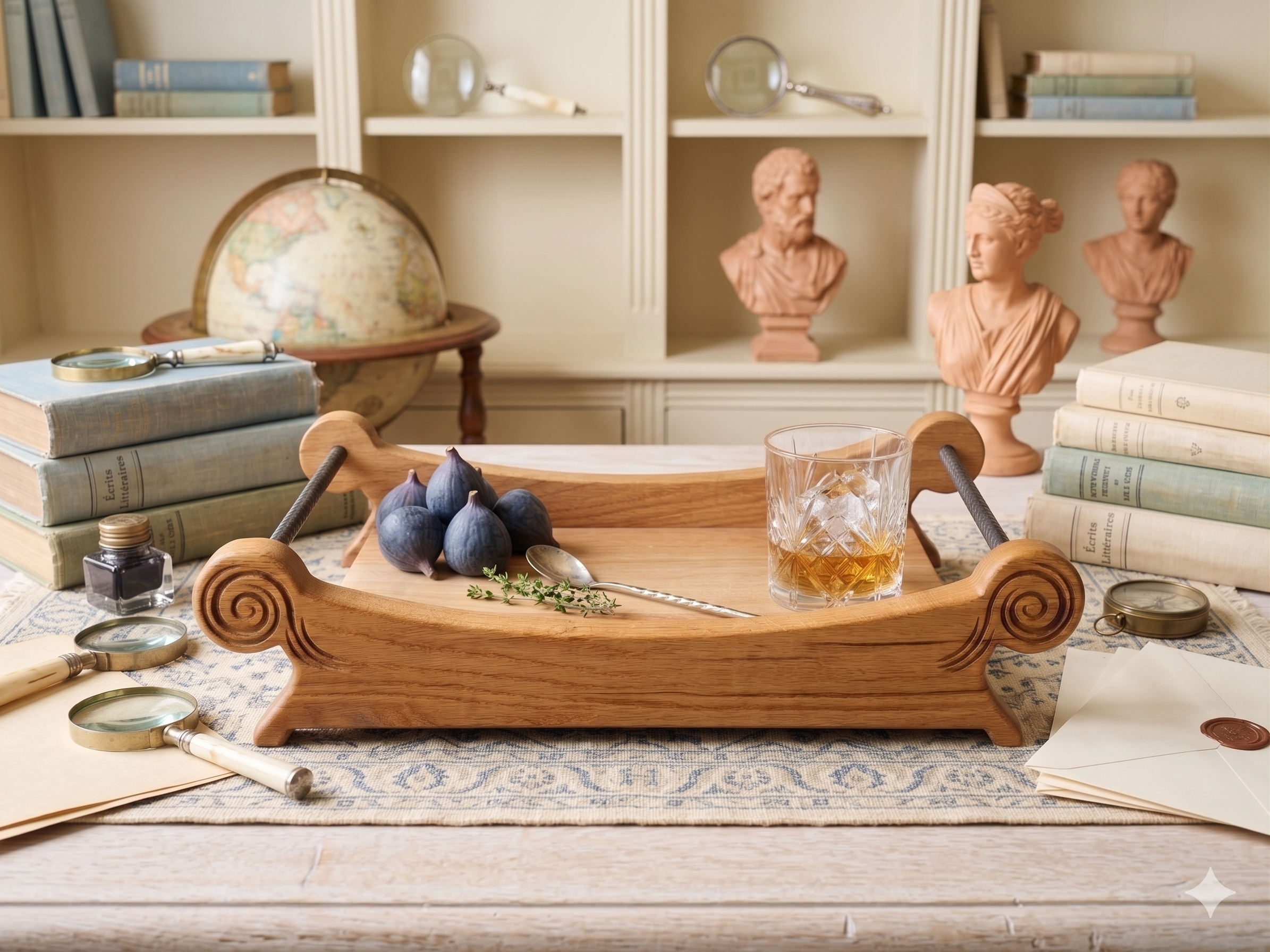 The Ember solid oak centerpiece tray displayed in a warm-toned luxury living room setting
