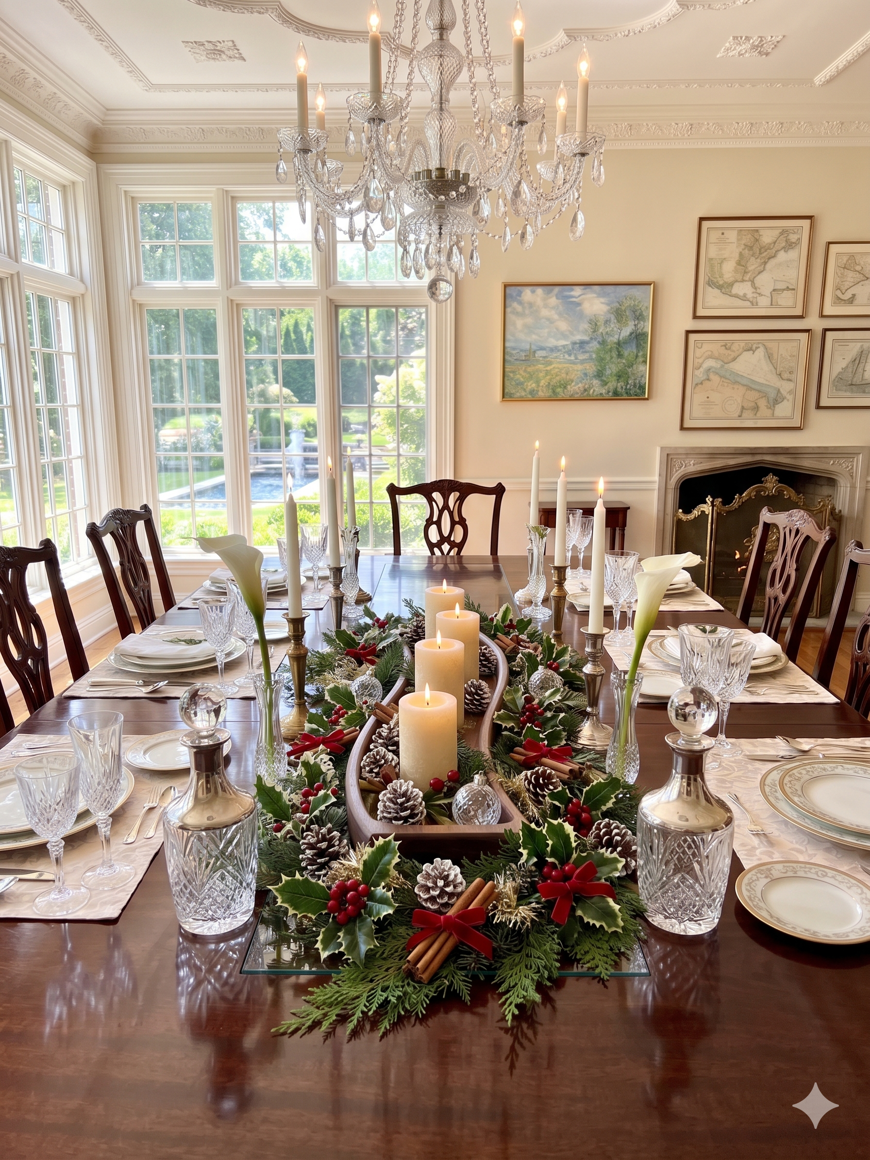 The Solitude walnut tray styled as a dining table centerpiece in a high-end modern home
