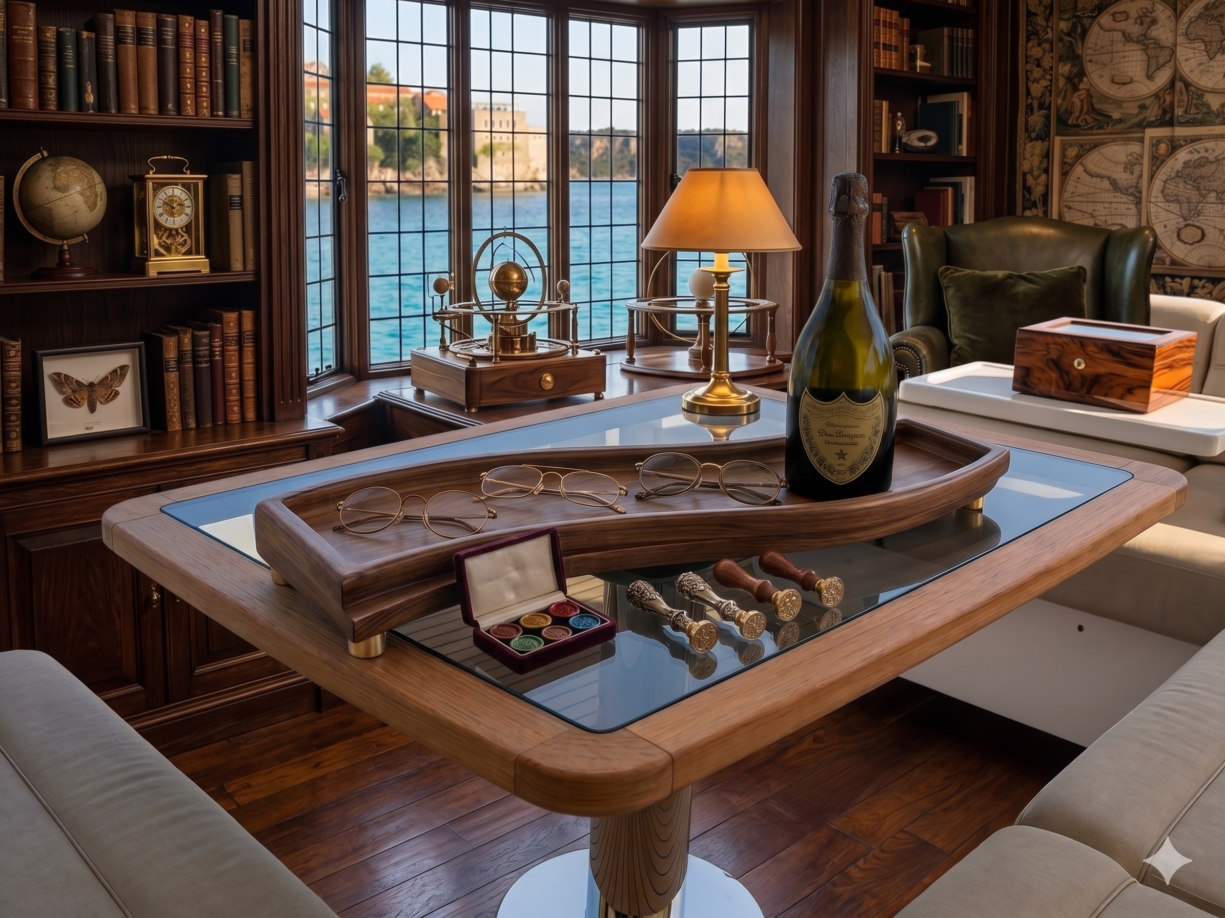 The Solitude artisan walnut centerpiece styled on a luxury yacht or coastal living space
