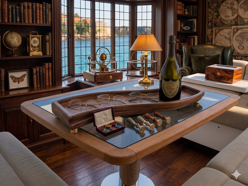 The Solitude artisan walnut centerpiece styled on a luxury yacht or coastal living space
