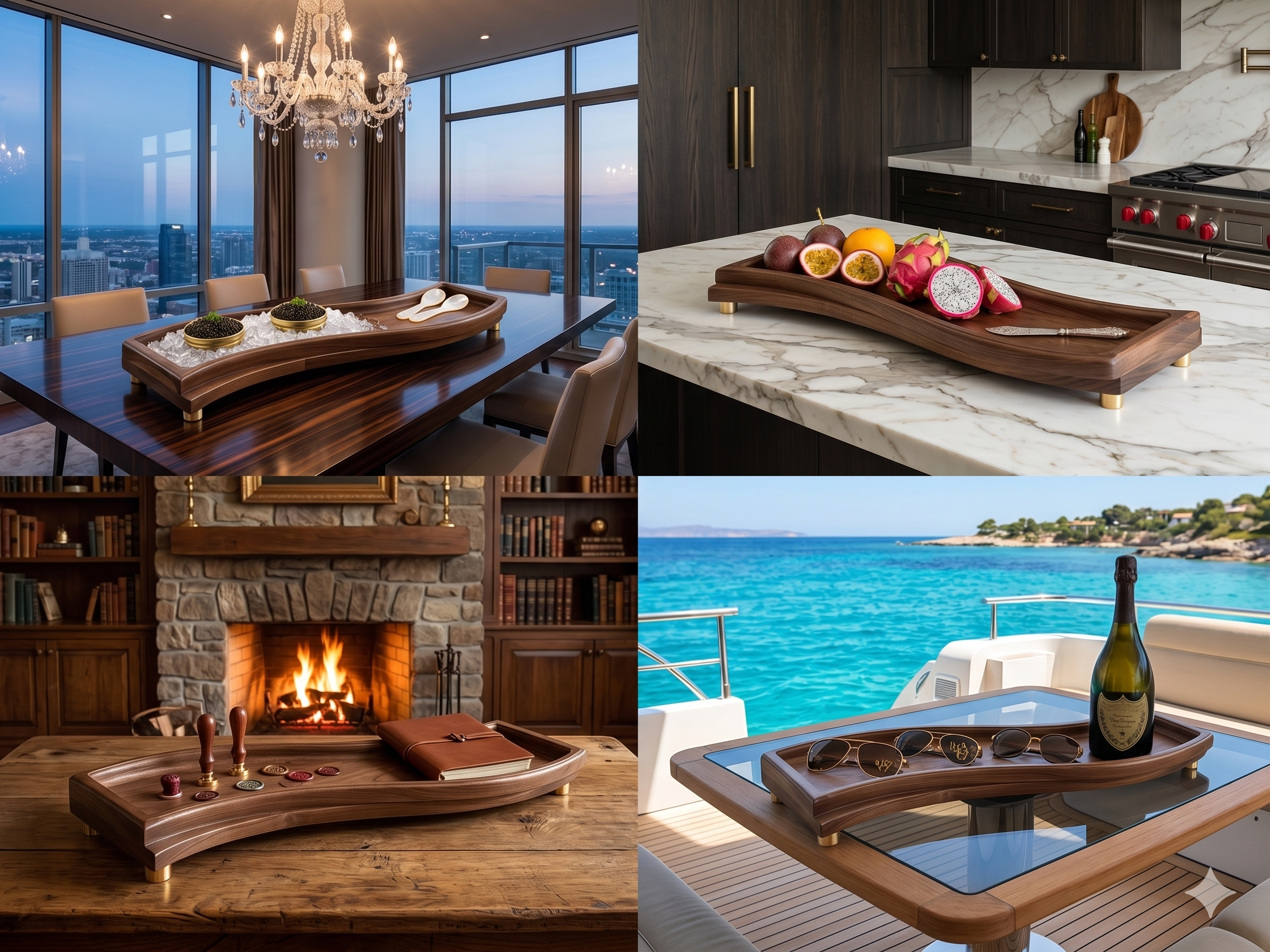 Artisan solid walnut centerpiece tray by Luxeform Design with hand-finished satin surface in various settings including a dining table, kitchen counter, fireplace, and boat.