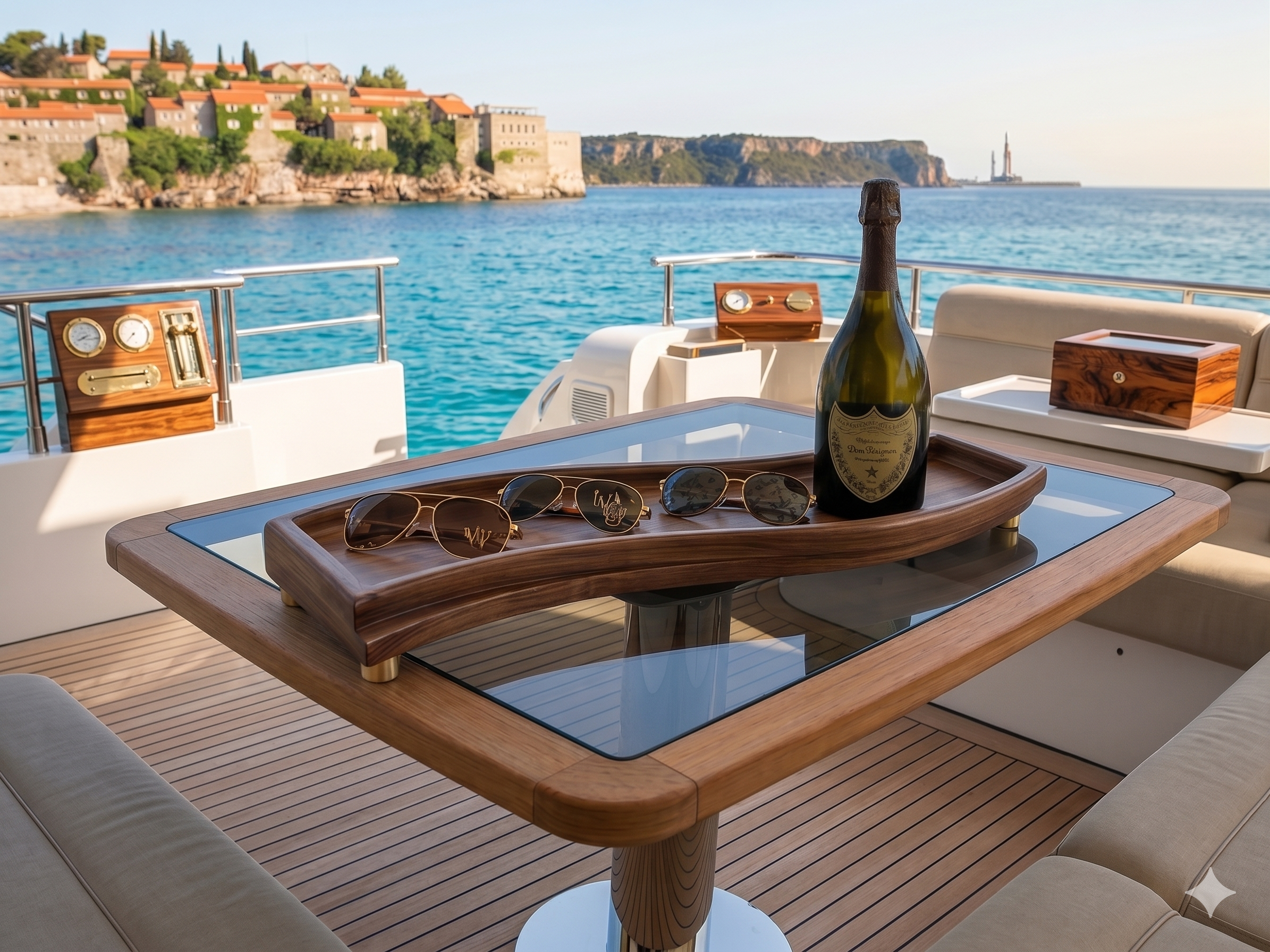 The Solitude artisan walnut centerpiece styled on a luxury yacht or coastal living space
