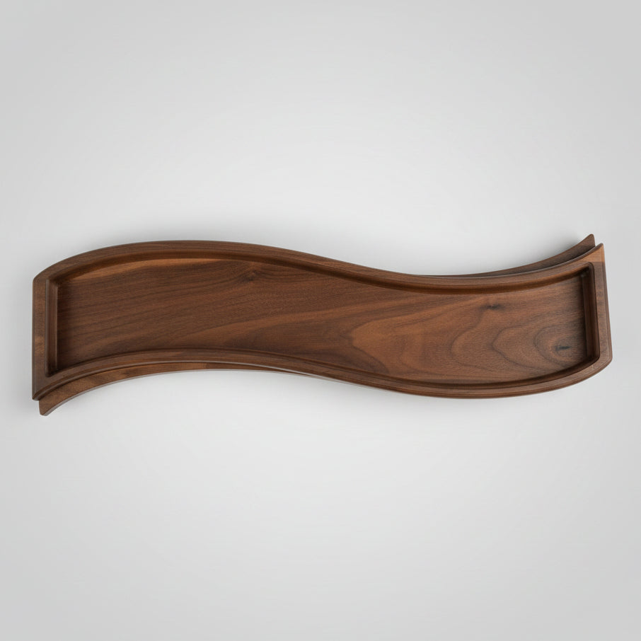 Luxeform Design Solitude walnut tray detail shot showing premium hardwood craftsmanship
