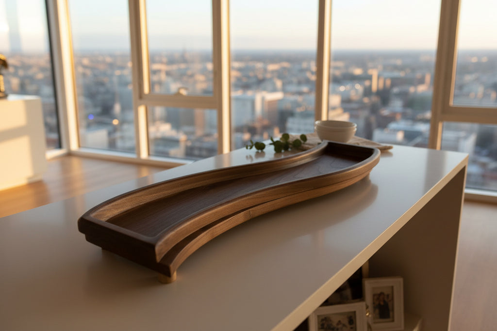 Artisan solid walnut centerpiece tray by Luxeform Design with hand-finished satin surface
