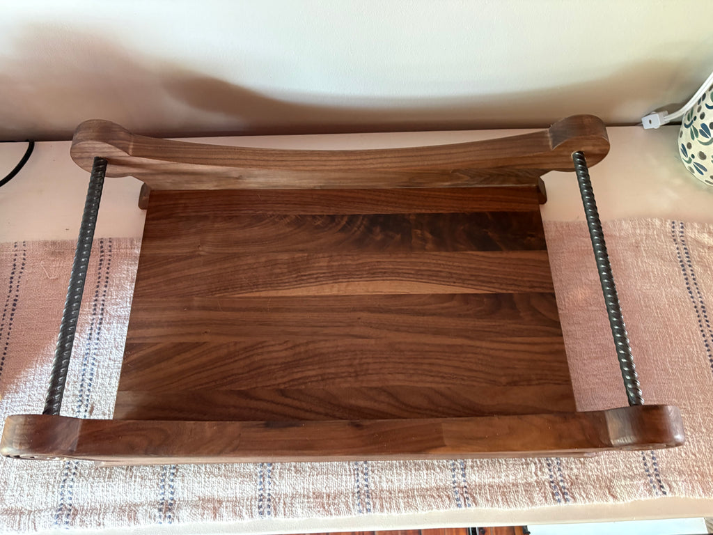 Nocturne walnut centerpiece tray overhead view showing natural dark walnut grain and minimalist form
