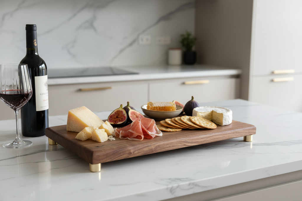Sovereign walnut serving board styled with artisan cheeses and charcuterie in a luxury kitchen setting
