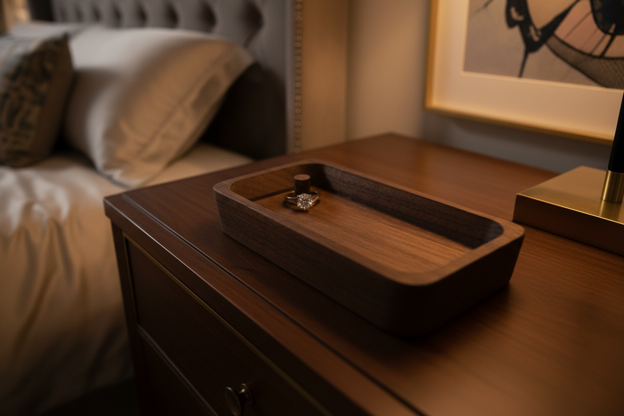 The Sanctum solid walnut ring and watch tray overhead view showing precision-routed compartments and hand-finished satin surface

